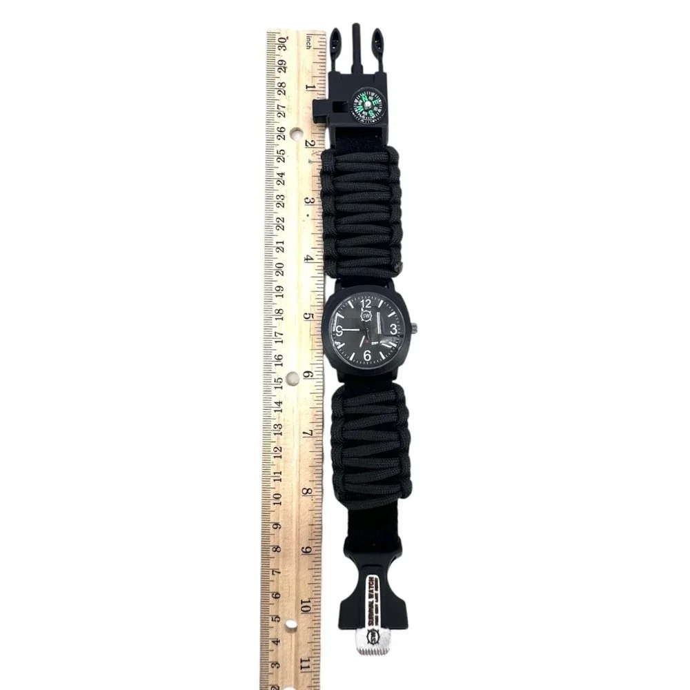 Survival Tactical Watch Mens Paracord Compass Whistle Serrated Tool Black